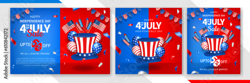 4th of july sale banner social media post creative designs with americal hat, flag, balloons and confetti photo