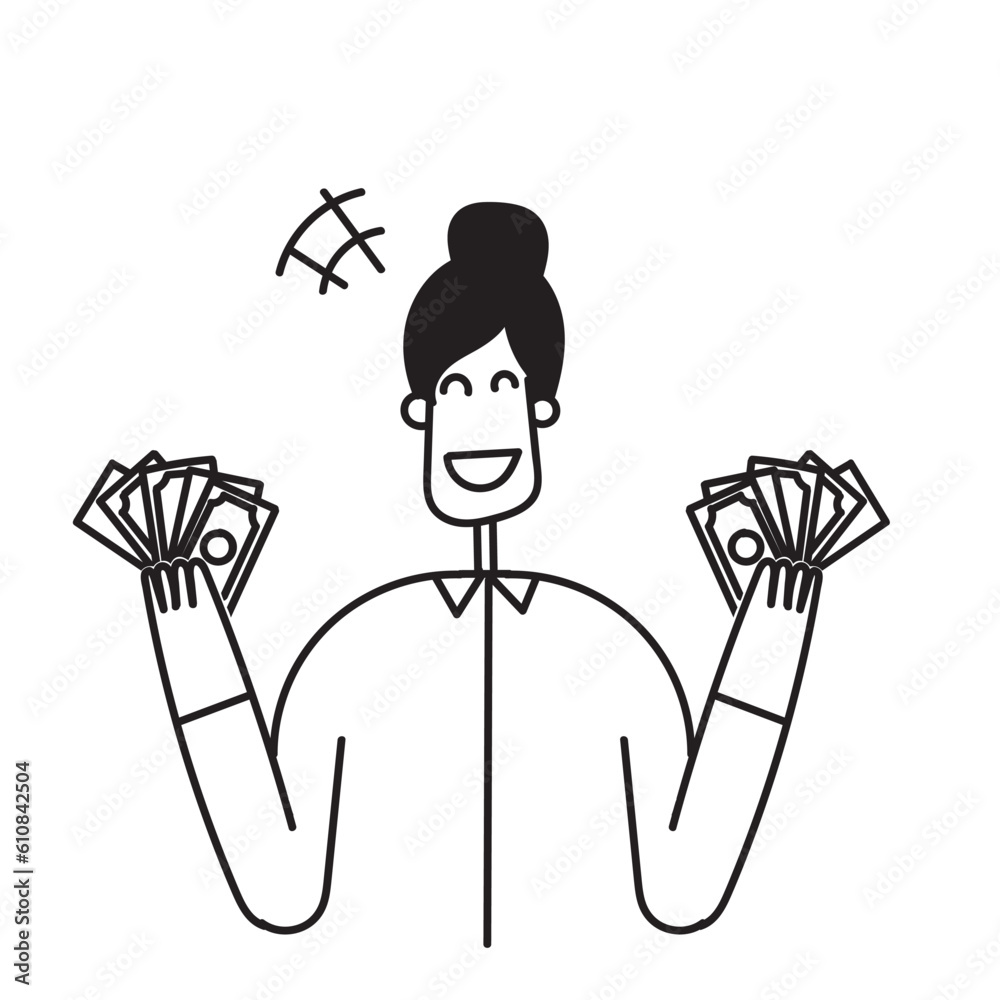 hand drawn doodle cheerful young woman holding money banknotes illustration hand drawn doodle cheerful young woman holding money banknotes illustration