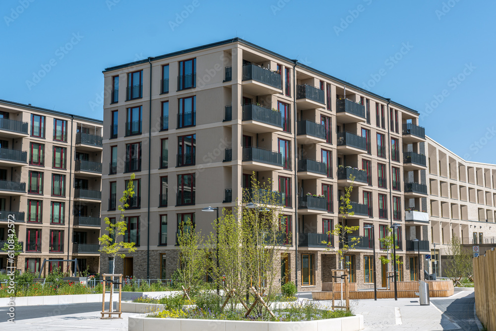 Housing development area with modern brown apartment buildings in Berlin, Germany