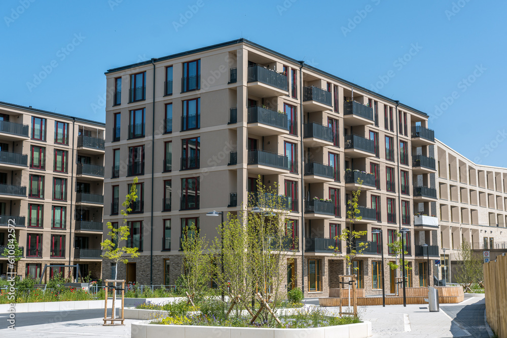 Fototapeta premium Housing development area with modern brown apartment buildings in Berlin, Germany