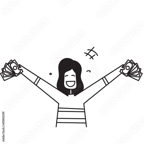 hand drawn doodle cheerful young woman holding money banknotes illustration