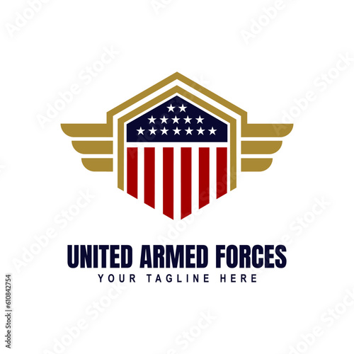 United states armed forces vector logo with wings of military stars on shield. Army or navy aviation heraldic badge or symbol design for armed service division, flight, group or squadron