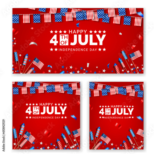 4th of july american independence day banner and social media post template design with paper flag, rocket and confetti on red background top view