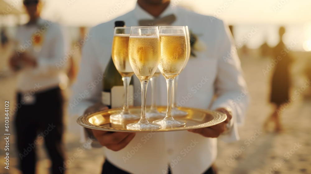 Indistinguishable Male Waiter Serving Champagne on Summer Beach, Generative AI