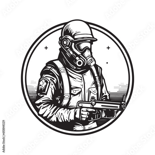science fiction soldier, vintage logo line art concept black and white color, hand drawn illustration