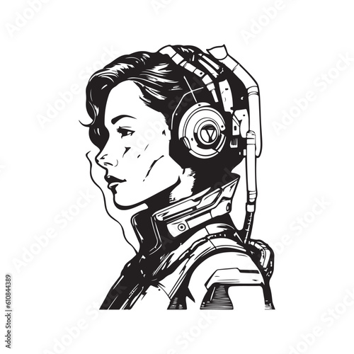 science fiction cyborg female, vintage logo line art concept black and white color, hand drawn illustration
