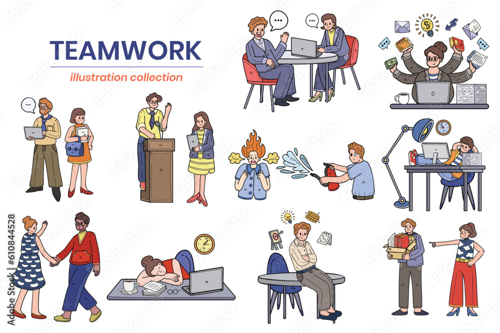 Hand Drawn Business people and teamwork in the workplace in flat style illustration for business ideas Hand Drawn Business people and teamwork in the workplace in flat style illustration for business ideas