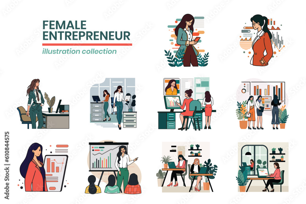 Hand Drawn female entrepreneur with business in flat style illustration for business ideas