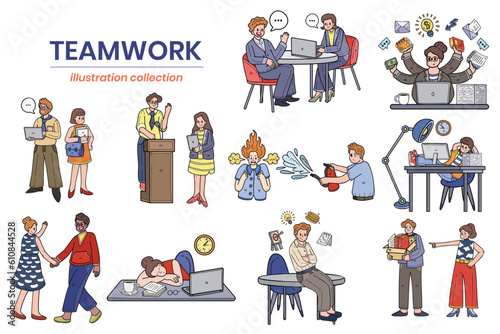 Hand Drawn Business people and teamwork in the workplace in flat style illustration for business ideas