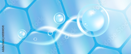 Hyaluronic acid hair and skin solutions ad, blue collagen serum drop into skin cells with cosmetic advertising background ready to use, illustration vector.