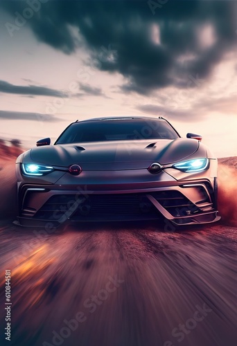 An abstract futuristic sports car riding on high speed. Front view, blurred motion. Generative art