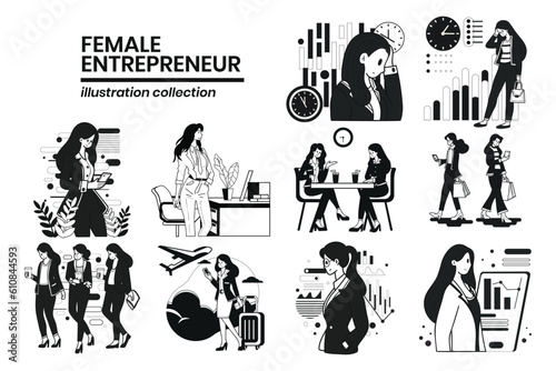 Hand Drawn female entrepreneur with business in flat style illustration for business ideas