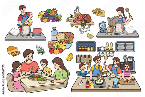 Hand Drawn family cooking collection in flat style illustration for business ideas