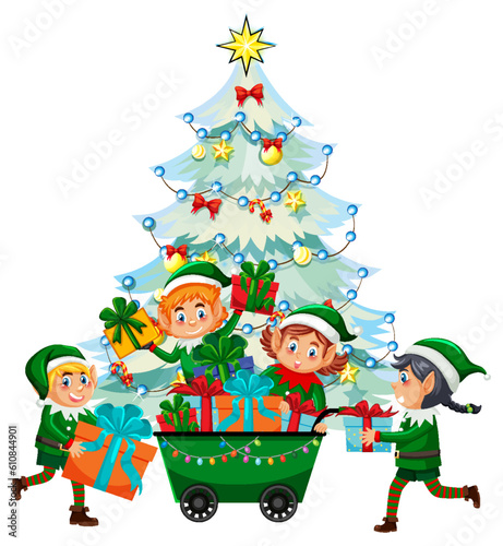 Christmas tree with many elves