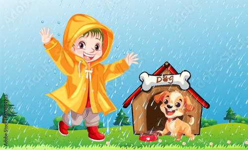 Young boy wearing raincoat playing with dog at garden