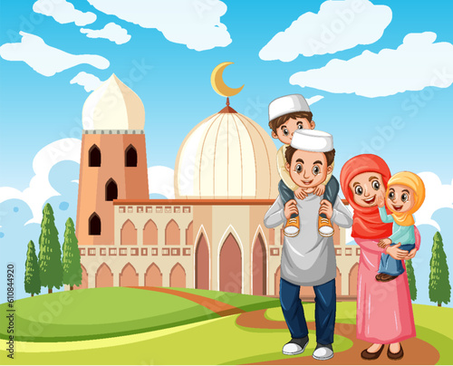 Muslim Family In Cartoon Style