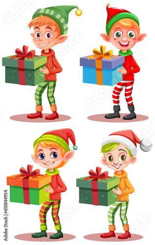 Set of cartoon character holding Christmas gift