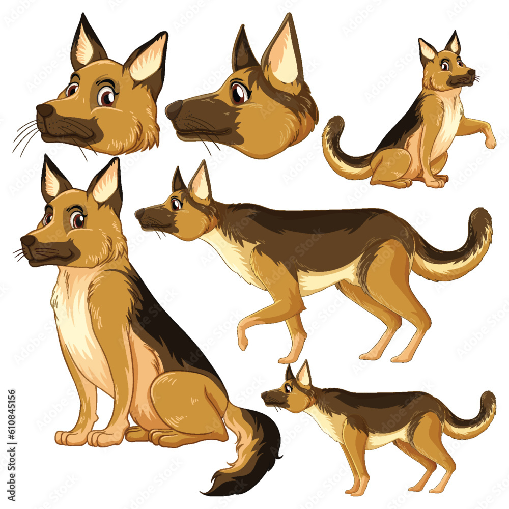 Set of german shepherd dog cartoon character with head and facial expression