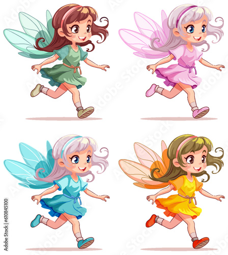 Set of cute fantasy fairies cartoon character