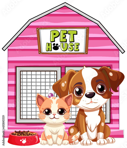 Dog in front of dog house