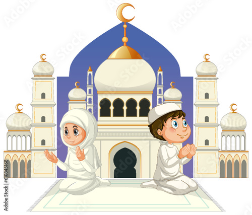 Muslim Couple Praying Cartoon Character