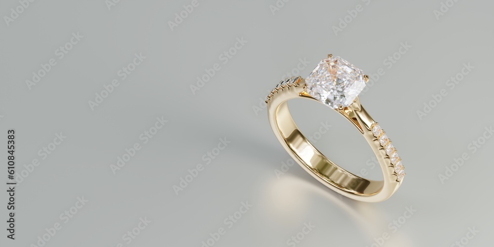 3D render, Top view of gold ring with diamonds surrounding the ring on white background. 3D render, Top view of gold ring with diamonds surrounding the ring on white background.