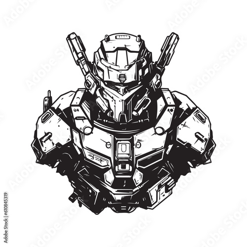 scifi mech warrior, vintage logo line art concept black and white color, hand drawn illustration