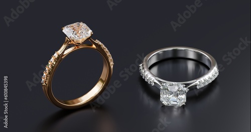 3D render design of platinum and gold rings with diamonds surrounding the ring on black background.