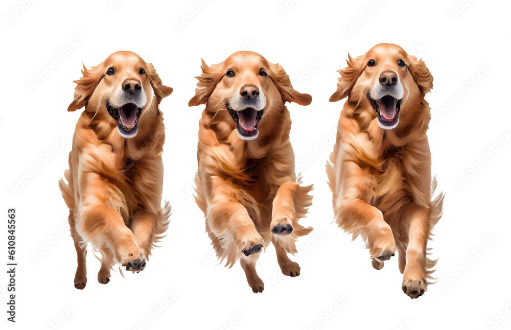 Happy golden retriever running and jumping on transparent background
