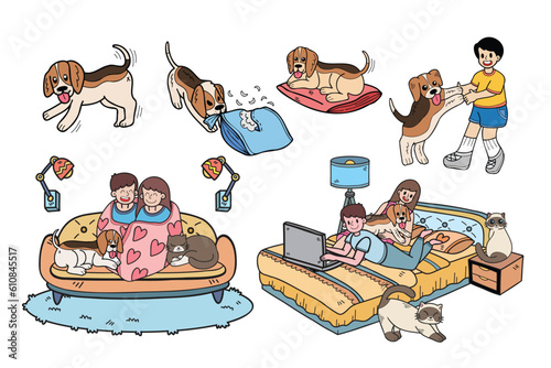 Hand Drawn beagle dog and family collection in flat style illustration for business ideas