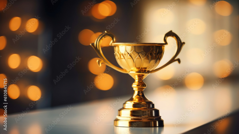 Golden winner cup on blurred festive background. AI generation