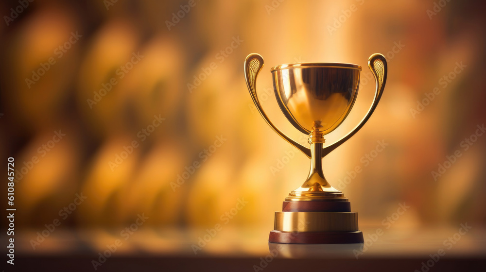 Golden winner cup on blurred festive background. AI generation Golden winner cup on blurred festive background. AI generation