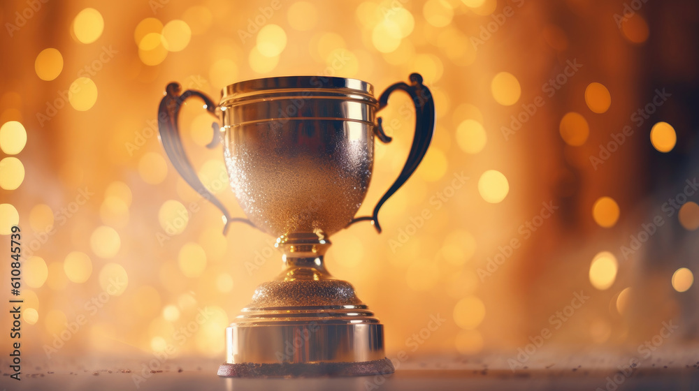 Golden winner cup on blurred festive background. AI generation Golden winner cup on blurred festive background. AI generation