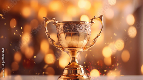 Golden winner cup on blurred festive background. AI generation