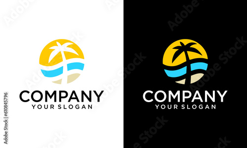 Summer travel vacation vector logo concept illustration in circle shape. Paradise beach color graphic sign. Sea resort, sun, mountains, palm tree and waves.