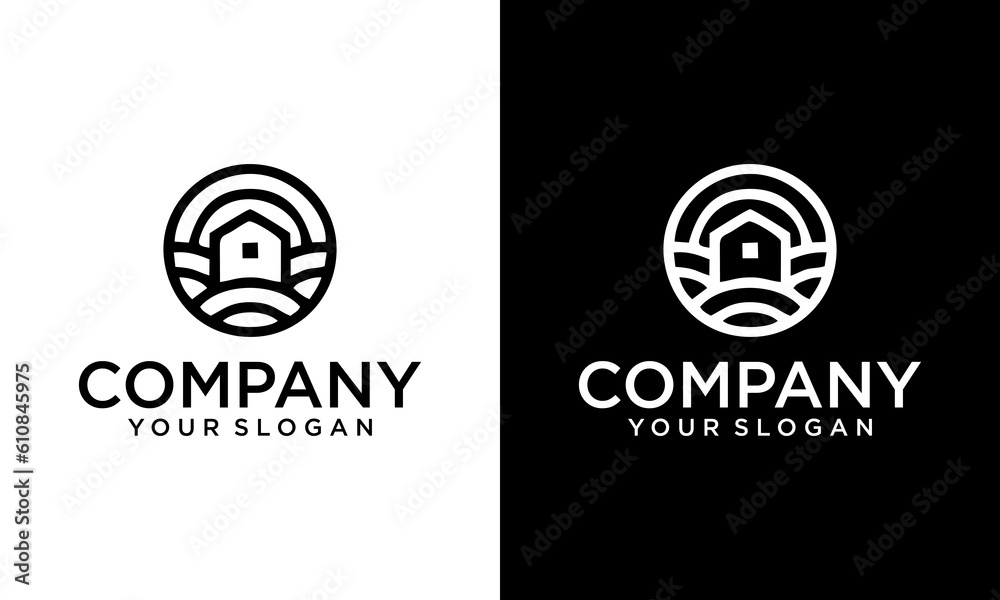Farm House concept logo. Template with farm landscape. Label for ...