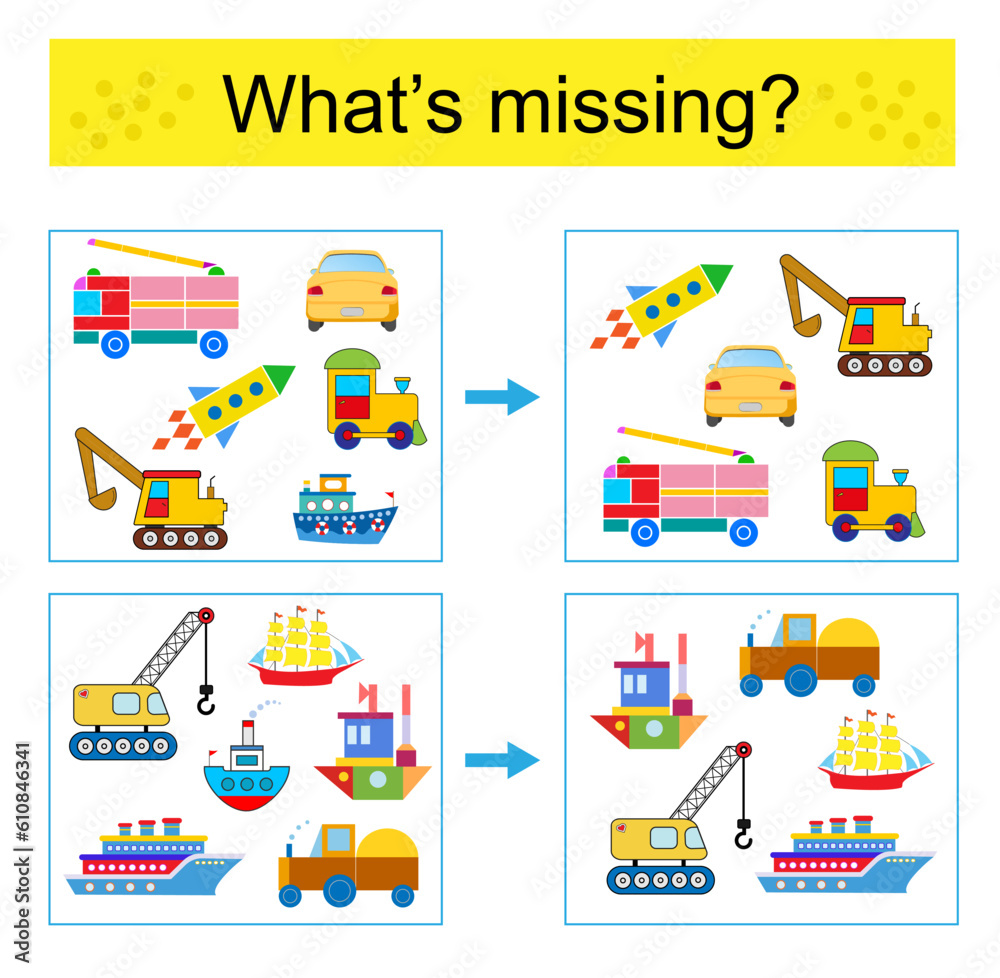 Puzzle game for kids. Task for the development of attention and logic. Find the missing transport. Puzzle game for kids. Task for the development of attention and logic. Find the missing transport.