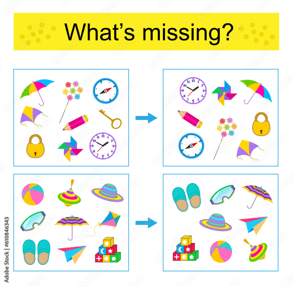 Puzzle game for kids. Task for the development of attention and logic. Find the missing object.