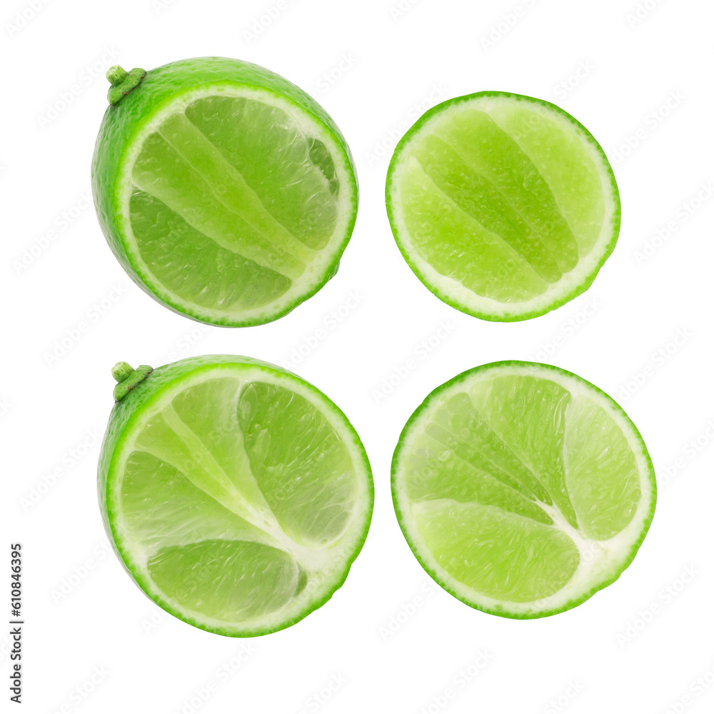Lime or green lemon slice isolated on white background.