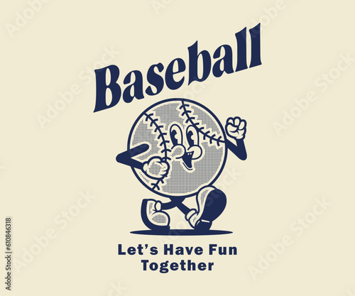 Funny cartoon character of baseball. Can be used as Sticker, posters, prints. Retro cartoon style. Vector illustration