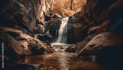 Tranquil scene of flowing water in forest generated by AI