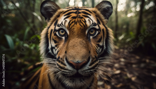 Majestic Bengal tiger walking in tropical rainforest generated by AI