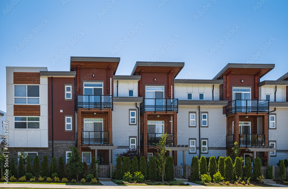 Fototapeta premium New Modern Apartment Buildings in Vancouver BC. Canadian modern residential architecture on sunny summer day