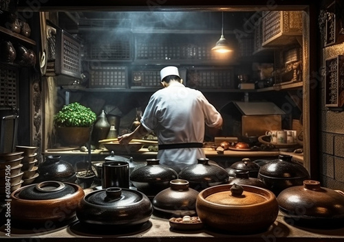 The rear view of the sous chef practicing and cooking traditional Korean food in a restaurant. Generative AI.