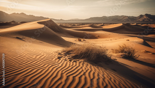 Tranquil sun over majestic sand dunes in Arabia generated by AI