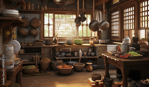 Traditional Asian home kitchen. Generative AI.
