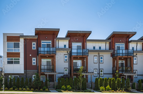 New Modern Apartment Buildings in Vancouver BC. Canadian modern residential architecture on sunny summer day