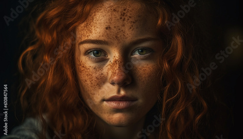 Beautiful young woman with curly brown hair generated by AI