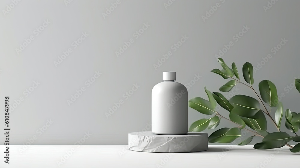3d render of a cosmetic bottle on a pedestal with green leaves 3d render of a cosmetic bottle on a pedestal with green leaves