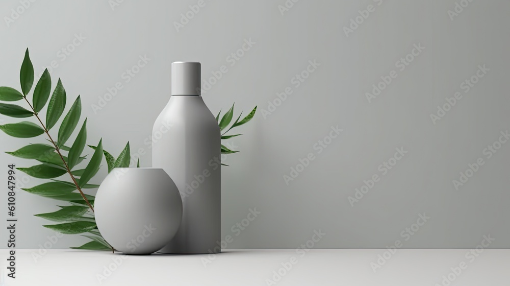 3d render of a cosmetic bottle on a pedestal with green leaves 3d render of a cosmetic bottle on a pedestal with green leaves